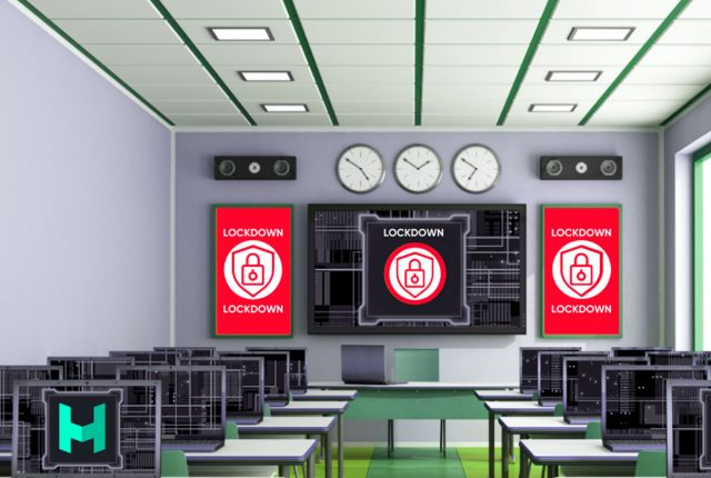 Classroom setup with multiple digital screens displaying red 'Lockdown' alerts from Protect Connect, evoking a sense of security or emergency management in a structured environment.